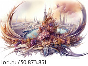 A fantastic landscape in the style of surrealism and art nouveau. Architectural spires and smooth futuristic forms of the city are combined with a lush floral composition in the center of the image. The illustration is made in pastel colors - a fusion of nature and high technology, organics and engineering. Perfect for book covers, fantasy projects, music album design, and also as an art object in the interior. Стоковое AI-изображение, AI-художник Анна Кривицкая / Фотобанк Лори