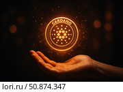 Illuminated Cardano Symbol Floating Above a Hand, Representing Blockchain Innovation and Digital Currency Progressions. Стоковое AI-изображение, AI-художник Башкирова Анна / Фотобанк Лори