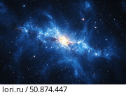A breathtaking image of a distant galaxy shining in outer space. The bright center flashes with golden light, surrounded by swirls of blue interstellar gas and a scattering of stars. The epic space scene symbolizes the grandeur of the Universe, the mysteries of its structure and the endless space. Perfect for popular science publications, book covers, illustrations for articles about space, as well as the design of websites dedicated to astronomy and science. Стоковое AI-изображение, AI-художник Анна Кривицкая / Фотобанк Лори