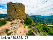 Picturesque mountain landscape with a photofacility tower of the Russian fortress in Gunib. Dagestan, Caucasus (2024 год). Стоковое фото, фотограф Константин Лабунский / Фотобанк Лори