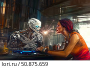 Visual contact between a robot with artificial intelligence and a woman, an energy spark flared between them. Стоковое AI-изображение, AI-художник Алексей Кузнецов / Фотобанк Лори