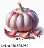 A head of garlic with several cloves around it is depicted on a white background. The head has a light pink hue and white veins, and dark grains of black pepper are scattered around the edges. Стоковое AI-изображение, AI-художник Светлана  Громак / Фотобанк Лори