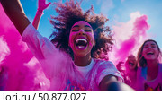 Celebration with Friends: A joyous Holi festival capture with vibrant pink powder, symbolizing the spirit of friendship and colorful fun. Стоковое AI-изображение, AI-художник Данила Большаков / Фотобанк Лори