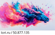 Equine Spirit: A chromatic cascade of energy emanates from a horse head, blending power and grace in an explosion of blue, pink, and orange tones. Стоковое AI-изображение, AI-художник Данила Большаков / Фотобанк Лори