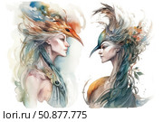Watercolor diptych depicting two women in the images of mythical birds. The left figure embodies the element of fire, with a mask-feather of the firebird and fiery shades, the right one is a water-plant archetype with feathers, flowers and cool green and blue tones. The illustration is filled with symbolism, grace and fantasy. Ideal for book covers, posters, interior decor, themes about mythology, fantasy and nature. Стоковое AI-изображение, AI-художник Анна Кривицкая / Фотобанк Лори