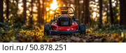 Red lawnmower amidst woodland bathed in golden sunlight, tool for home & garden maintenance, summertime work and upkeep. Стоковое AI-изображение, AI-художник Данила Большаков / Фотобанк Лори