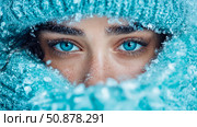 Winter's Stare: Piercing Blue Eyes Framed by Frosty Knitwear. Стоковое AI-изображение, AI-художник Данила Большаков / Фотобанк Лори