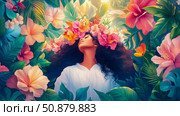 Floral Serenity: A woman embraces nature's beauty for a summer solstice celebration, perfect design for print, card, or poster. Стоковое AI-изображение, AI-художник Данила Большаков / Фотобанк Лори