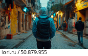 Wanderer's Path: Solitary exploration on cobblestone street in old city. Стоковое AI-изображение, AI-художник Данила Большаков / Фотобанк Лори