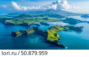Scenic aerial view of an island archipelago landscape with cliffs, green vegetation, and cloudy sky. Стоковое AI-изображение, AI-художник Данила Большаков / Фотобанк Лори