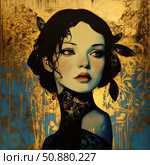 Portrait of a woman in Art Deco style with elements of Art Nouveau and Baroque. In the foreground is a female face with expressive eyes, sensual lips and a complex hairstyle decorated with feathers. The golden ornament on the background creates an atmosphere of luxury and mystery. Deep blue and gold shades give the picture elegance and theatricality. Ideal for cover design, interior design, fashion projects and digital art collections. Стоковое AI-изображение, AI-художник Анна Кривицкая / Фотобанк Лори