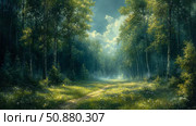 Mystical Forest Path: A serene journey through sunlight dappled trees, leading to a luminous clearing in the woods. Стоковое AI-изображение, AI-художник Данила Большаков / Фотобанк Лори