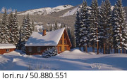 Sunlight warming wooden mountain chalet, snow blanketed roof nestled among pine trees, embodying peaceful winter serenity and rustic alpine charm. Стоковое AI-видео, аниматор Данил Руденко / Фотобанк Лори