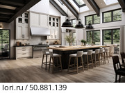 Modern farmhouse kitchen boasting skylights and stylish island. Стоковое AI-изображение, AI-художник Иван Рябоконь / Фотобанк Лори