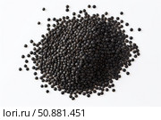 Pile of black beluga lentils forming a mound on white background. Стоковое AI-изображение, AI-художник Иван Рябоконь / Фотобанк Лори