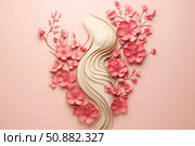 Pink paper flowers adorning a beige wavy shape on pink background symbolizing pregnancy. Стоковое AI-изображение, AI-художник Иван Рябоконь / Фотобанк Лори