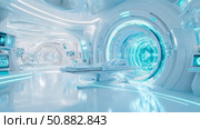 Advanced healing: A futuristic clean white medical facility with hi-tech diagnostic equipment and surgical bed, glowing with hope. Стоковое AI-изображение, AI-художник Данила Большаков / Фотобанк Лори