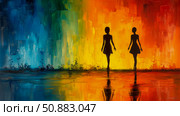 Chromatic Walk: Two figures silhouetted against a rainbow spectrum, blending hues and reflective surfaces, evokes journey and transformation. Стоковое AI-изображение, AI-художник Данила Большаков / Фотобанк Лори