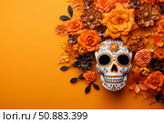 Sugar skull celebrating dia de los muertos with orange and black paper flowers. Стоковое AI-изображение, AI-художник Иван Рябоконь / Фотобанк Лори