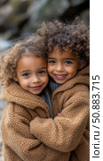 A heartwarming embrace between two young children with curly hair, wrapped in cozy brown jackets, radiates pure joy and affection. Стоковое AI-изображение, AI-художник Данила Большаков / Фотобанк Лори