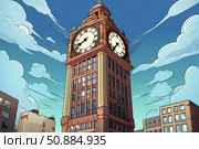 Majestic clock tower dominating city skyline under blue sky. Стоковое AI-изображение, AI-художник Иван Рябоконь / Фотобанк Лори