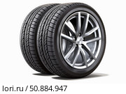 Two car tires with alloy wheels standing on white background. Стоковое AI-изображение, AI-художник Иван Рябоконь / Фотобанк Лори