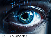 Futuristic human eye showing integrated circuit and digital data flowing. Стоковое AI-изображение, AI-художник Иван Рябоконь / Фотобанк Лори
