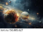 Planets and moons are orbiting around a spiral galaxy in deep space. Стоковое AI-изображение, AI-художник Иван Рябоконь / Фотобанк Лори