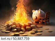 Piggy bank watching burning money and gold coins with sad expression. Стоковое AI-изображение, AI-художник Иван Рябоконь / Фотобанк Лори