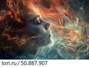 Woman relaxing and dreaming, surrounded by colorful smoke and particles. Стоковое AI-изображение, AI-художник Иван Рябоконь / Фотобанк Лори