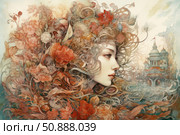 Watercolor fantasy with a female profile, drowning in a riot of flowers, foliage and ornate lines. The composition combines elements of nature, architecture and artistic symbolism, creating a sense of dream, ephemerality and merging of man with the world. Ideal for covers, posters, magazine design and decorative projects. Стоковое AI-изображение, AI-художник Анна Кривицкая / Фотобанк Лори