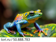 Dyeing poison frog sitting on a leaf in the rainforest. Стоковое AI-изображение, AI-художник Иван Рябоконь / Фотобанк Лори