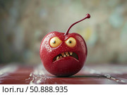 Angry cherry character showing teeth on red surface. Стоковое AI-изображение, AI-художник Иван Рябоконь / Фотобанк Лори