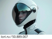 Woman astronaut wearing futuristic helmet and spacesuit gazing into the distance. Стоковое AI-изображение, AI-художник Иван Рябоконь / Фотобанк Лори