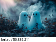 Two cute ghosts appearing in a smoky forest at night. Стоковое AI-изображение, AI-художник Иван Рябоконь / Фотобанк Лори