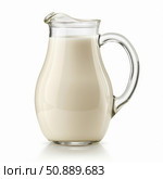 Glass pitcher overflowing with fresh milk on white background. Стоковое AI-изображение, AI-художник Иван Рябоконь / Фотобанк Лори