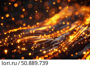 Golden particles flowing and glowing on dark background. Стоковое AI-изображение, AI-художник Иван Рябоконь / Фотобанк Лори