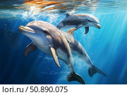 Two dolphins swimming underwater in the sunlight. Стоковое AI-изображение, AI-художник Иван Рябоконь / Фотобанк Лори
