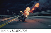 Skeletal rider navigating fiery motorcycle across dark highway, streaking blazing trail through nocturnal landscape with supernatural intensity. Стоковое AI-видео, аниматор Данил Руденко / Фотобанк Лори