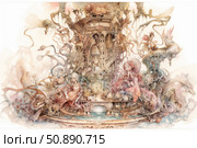 A unique watercolor illustration in the style of fantasy and surrealism, depicting a fantastic world with bizarre creatures, organic forms and architecture intertwined with nature. In the center of the composition is a mystical building surrounded by mythical characters, creatures and dream elements. The picture is filled with subtle details and an atmosphere of magic, perfect for decorating books, albums, collectible cards and art projects. Стоковое AI-изображение, AI-художник Анна Кривицкая / Фотобанк Лори
