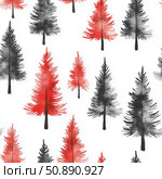 Colorful Winter Forest Pattern Featuring Various Trees With Red and Gray Accents on a White Background. Стоковое AI-изображение, AI-художник Юлия Гапеенко / Фотобанк Лори