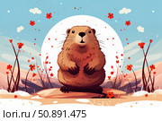 Groundhog emerging from its burrow predicting spring weather. Стоковое AI-изображение, AI-художник Иван Рябоконь / Фотобанк Лори