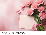 Pink carnations bouquet and blank card creating a lovely mother's day scene. Стоковое AI-изображение, AI-художник Иван Рябоконь / Фотобанк Лори