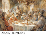 A luxurious scene in the spirit of the 18th century: a noble society gathered around the dinner table in the exquisite interior of a palace. The richly decorated hall with stucco, a chandelier and mirrors reflects the atmosphere of a bygone era. Women in magnificent dresses and men in waistcoats are chatting while enjoying a meal. This setting creates a sense of aristocratic sophistication, historical authenticity and elegance. Ideal for illustrating the themes of history, aristocracy, social life, historical reconstruction and antique style. Стоковое AI-изображение, AI-художник Анна Кривицкая / Фотобанк Лори
