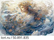 An ethereal image of a woman surrounded by a flow of flowers, wind and celestial motifs. The illustration is done in an exquisite Art Nouveau style with smooth lines, light pastel colors and a watercolor texture. A light sense of dreaminess and freedom, as if the character is dissolving in the air flow of nature and emotions. Ideal for book design, postcards, covers and projects about femininity, inspiration and harmony with nature. Стоковое AI-изображение, AI-художник Анна Кривицкая / Фотобанк Лори