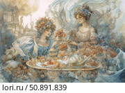An elegant fantasy illustration of two aristocratic ladies enjoying tea in a fairytale setting. A richly detailed scene in pastel colors, inspired by the Rococo era. The outfits, flowers, dishes and architecture create an atmosphere of magic, celebration and serenity. Suitable for fantasy, art, femininity, fairytale, vintage, 18th century era themes. Стоковое AI-изображение, AI-художник Анна Кривицкая / Фотобанк Лори