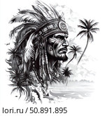 Black and white art illustration of a portrait of an Indian chief against the backdrop of tropical palm trees and the ocean coast. The chief is depicted with an expressive face, a traditional feather headdress and ethnic jewelry. The atmosphere of the drawing combines strength, wisdom and natural harmony. Ideal for use in clothing design, tattoo art, posters, thematic publications about indigenous cultures and freedom of spirit. Стоковое AI-изображение, AI-художник Анна Кривицкая / Фотобанк Лори