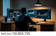 A man is sitting at a desk with three computer monitors in front of him. Стоковое AI-изображение, AI-художник Ярославский Максим / Фотобанк Лори