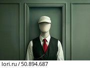 Mannequin wearing uniform and cap in alcove posing for conceptual portrait. Стоковое AI-изображение, AI-художник Иван Рябоконь / Фотобанк Лори