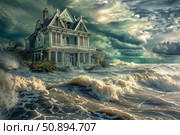 Victorian house surviving storm surge and coastal flooding. Стоковое AI-изображение, AI-художник Иван Рябоконь / Фотобанк Лори
